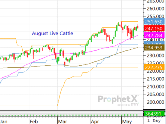With next week a holiday-shortened week and the Cattle on Feed report set to be released Friday, the cattle complex may not see as much support from traders. (DTN ProphetX chart)