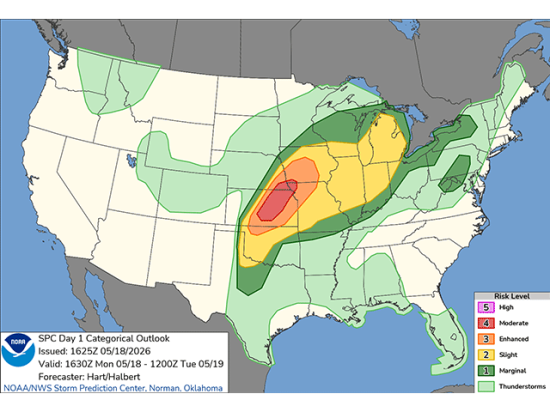 The Storm Prediction Center has put out a moderate risk of severe weather across portions of Kansas and extreme southeastern Nebraska. (SPC graphic)