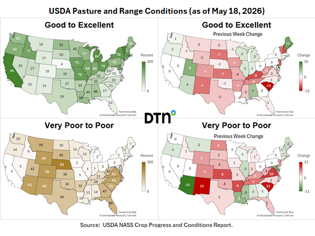 Some improvement is seen in pasture conditions, but Nebraska and other Plains states continue to suffer. (DTN Graphics by Kathy Myers)