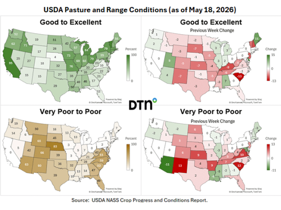 Some improvement is seen in pasture conditions, but Nebraska and other Plains states continue to suffer. (DTN Graphics by Kathy Myers)