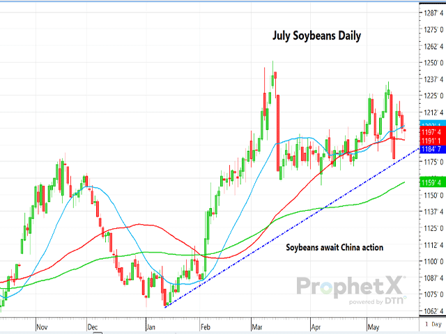 The chart above is a daily chart of July soybean futures, which really gives no hint as to which direction it will take. (DTN ProphetX chart)