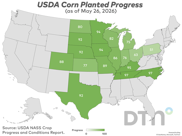This map shows corn planting progress by state, according to USDA NASS estimates released Monday. (DTN graphic by Kathy Myers)