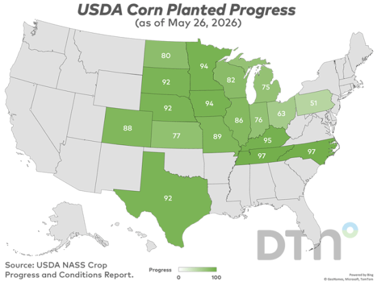 This map shows corn planting progress by state, according to USDA NASS estimates released Monday. (DTN graphic by Kathy Myers)