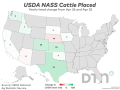 This chart shows the change in the number of head of cattle placed by state from April 2025 to April 2026, based on USDA NASS data. Total placements in feedlots during April totaled 1.70 million head, 6% above 2025. (DTN chart by Kathy Myers)