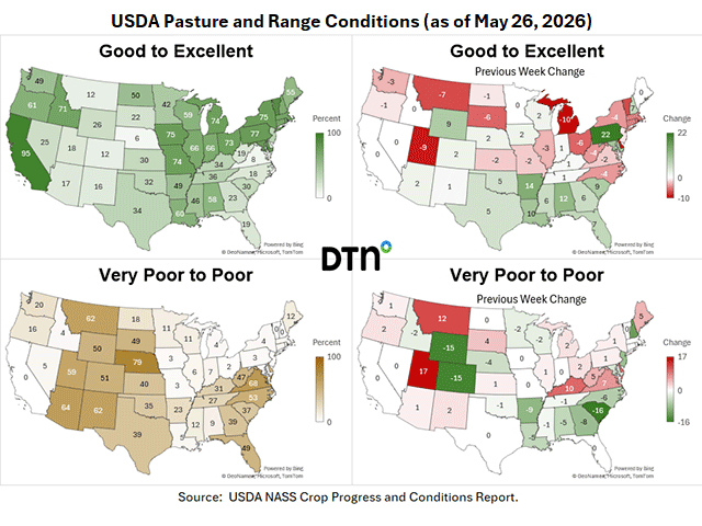 Pasture conditions have seen some improvement during the past week because of rains across drought-stricken areas. (DTN graphics by Kathy Myers)