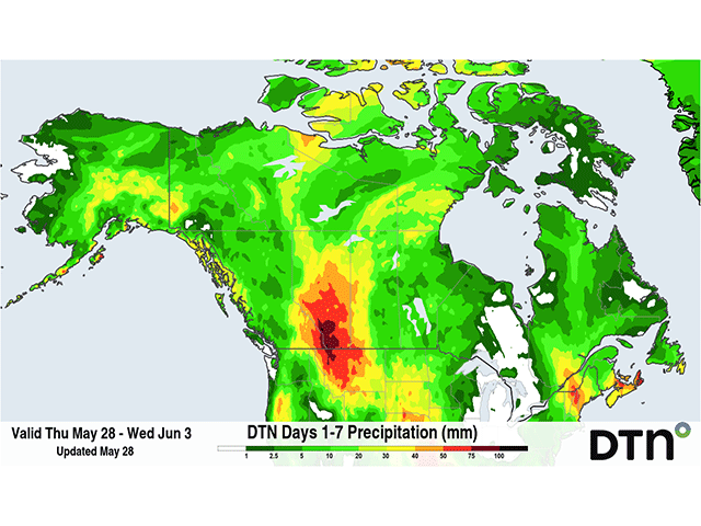 Some heavy rainfall amounts are forecast for parts of the Canadian Prairies during the next week. (DTN graphic)