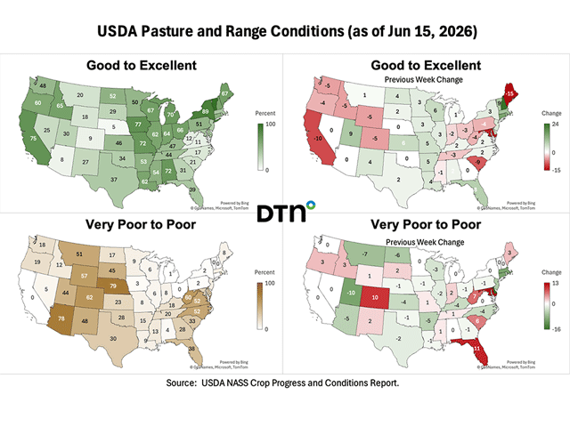 Widespread moisture has improved pasture and range conditions in some key beef cow states. (DTN maps by Nick Scalise)