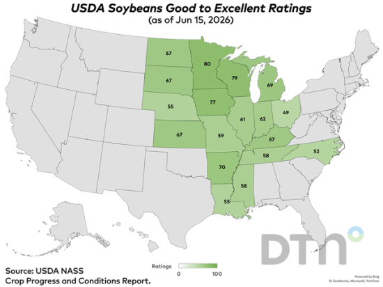 This map shows soybean condition ratings by state, according to USDA NASS estimates released Monday. (DTN graphic by Nick Scalise)