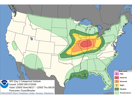 A moderate risk of severe weather is forecast by the Storm Prediction Center for Wednesday, June 17. (SPC graphic)