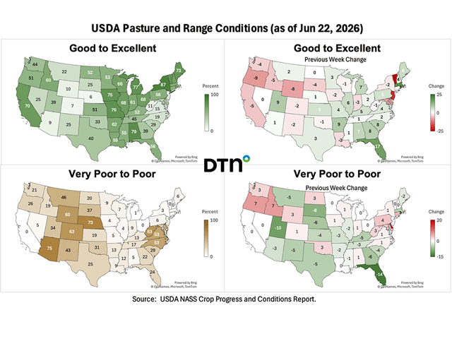 While some improvement is seen on the map in Nebraska, they still suffer from severe drought which is reflected in pasture and range conditions. (DTN map)