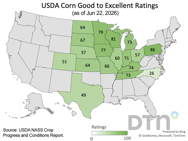This map shows corn condition ratings by state, according to USDA NASS estimates released Monday. (DTN graphic by Nick Scalise)