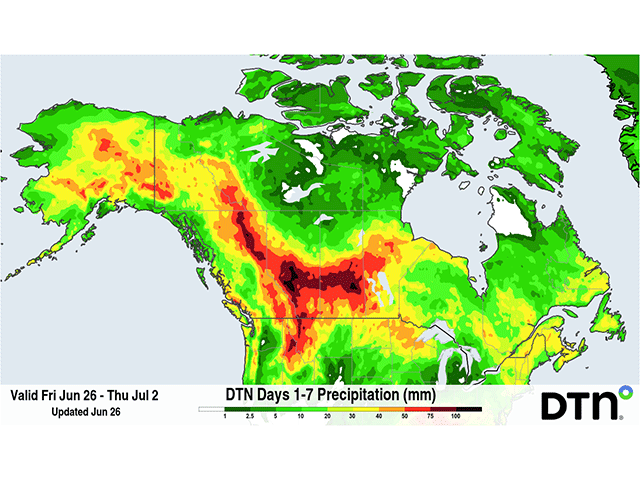 Areas of heavy rainfall are forecast for several parts of the Canadian Prairies during the next week. (DTN graphic)
