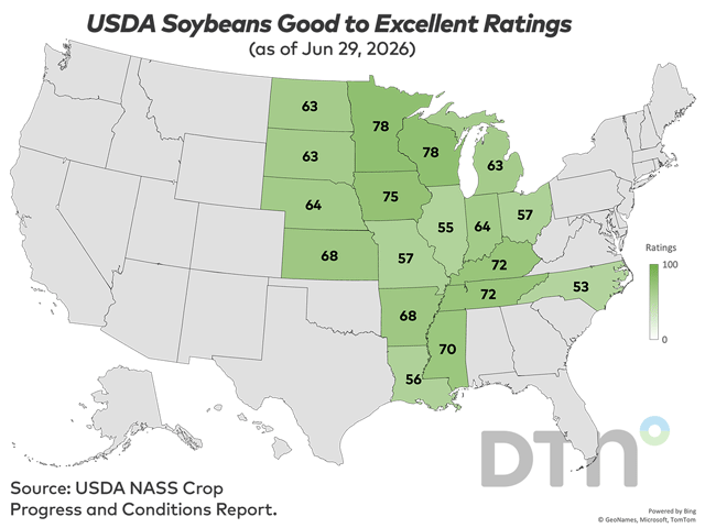 This map shows soybean condition ratings by state, according to USDA NASS estimates released Monday. (DTN graphic by Nick Scalise)