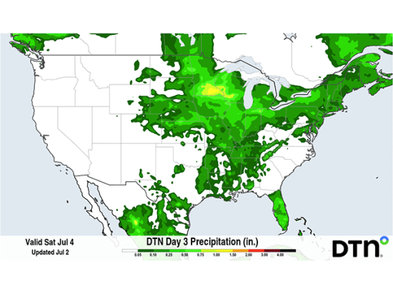Rainfall chances across large portions of the Central Plains through the Northeast and down to the Gulf of America are only one of the threats to having a joyous holiday celebration this weekend. (DTN graphic)
