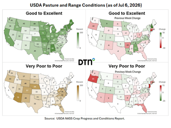 Moisture last week boosted widespread improvement to the worst pasture and range conditions. (DTN maps by Kathy Myers)