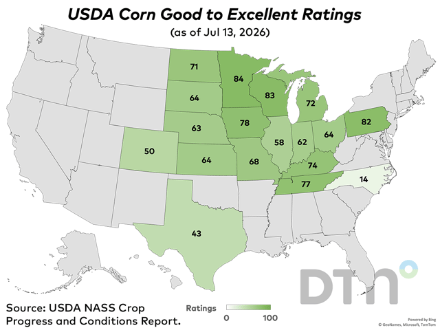 This map shows corn condition ratings by state, according to USDA NASS estimates released Monday. (DTN graphic by Kathy Myers)