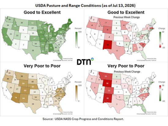 A significant shift in pasture conditions was seen in the Southwest and Plains states last week. (DTN map)