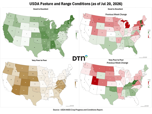 Hot weather last week caused pasture and range conditions to decrease. (DTN map)