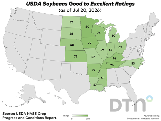 This map shows corn condition ratings by state, according to USDA NASS estimates released Monday. (DTN graphic by Nick Scalise)