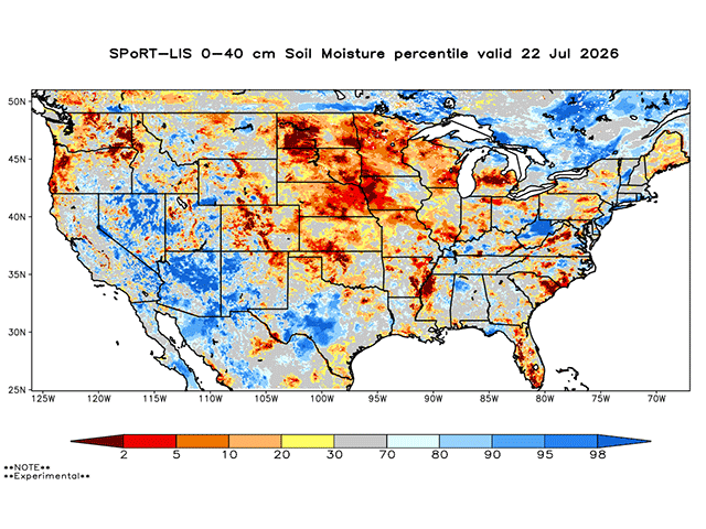 Experimental data from NASA points to very low soil moisture across the North-Central U.S. (NASA graphic)