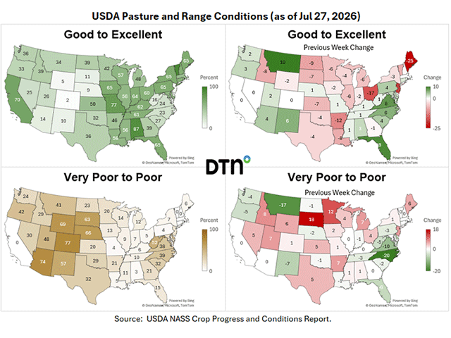 Many states saw a decrease in pasture and range conditions during the past week because of hot, dry conditions. (DTN map)