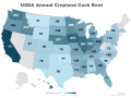 This map shows the average 2026 cash rent for cropland by state. Nationally, the average cash rent for cropland was $160 per acre. (Source: USDA NASS; map by Kathy Myers)
