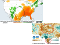 June-July precipitation was mostly well-below normal in primary Southern Plains crop areas. August forecasts offer no more than normal amounts in scattered locales during the first half of the month. (NOAA/NIDIS and DTN graphics)