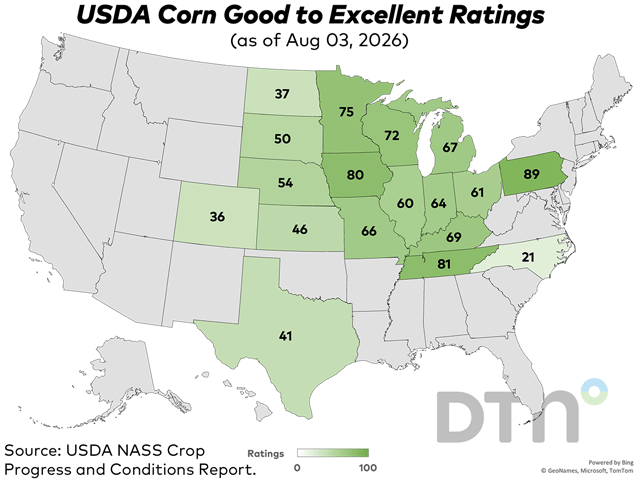 This map shows good-to-excellent condition ratings for corn by state, according to USDA NASS estimates released Monday. Nationwide, the corn crop was rated 61% in good-to-excellent condition, down 2 percentage points from 63% the previous week. (DTN graphic by Kathy Myers)