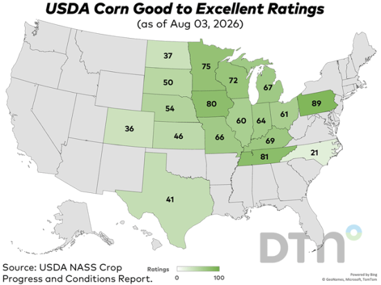 This map shows good-to-excellent condition ratings for corn by state, according to USDA NASS estimates released Monday. Nationwide, the corn crop was rated 61% in good-to-excellent condition, down 2 percentage points from 63% the previous week. (DTN graphic by Kathy Myers)