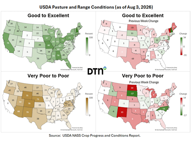 Pasture and range conditions saw some decrease in quality over the past week due to summer heat and drought. (DTN map)