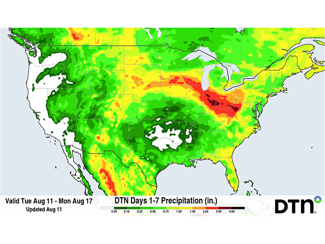 Though the forecast is calling for widespread and largely heavy rain across the Corn Belt this week, there are some caveats to these widespread amounts. (DTN graphic)