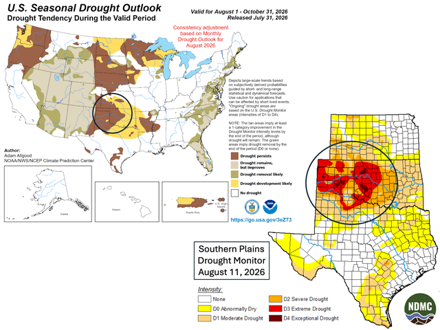 Severe, Extreme and Exceptional Drought cover many wheat areas of the Southern Plains going into mid-August. Through October, the U.S. Climate Prediction Center expects drought to either remain or develop in these areas through late October. (National Drought Mitigation Center and Climate Prediction Center graphics)