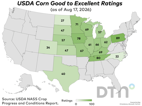 This map shows good-to-excellent condition ratings for corn by state, according to USDA NASS estimates released Monday. Nationwide, the corn crop was rated 60% in good-to-excellent condition, down 1 percentage point from 61% the previous week. (DTN graphic by Kathy Myers)