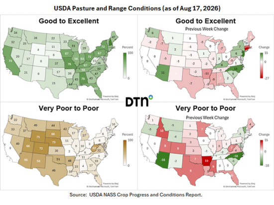 Pasture and range conditions suffer in the Plains and South, while the Midwest has received more moisture, providing good conditions. (DTN maps by Kathy Myers)