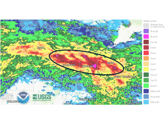 Radar estimates of accumulated rainfall for portions of the Midwest from Aug. 9-16 showcase some extremely heavy amounts. Areas circled are at risk for more flooding problems during the next week. (NOAA graphic)