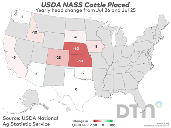 This map shows the change in cattle placements by state from July 2025 to July 2026. Placements in feedlots during July totaled 1.42 million head, 11% below 2025. Net placements were 1.37 million head. Placements were the lowest for July since the series began in 1996, USDA NASS reported on Friday. (Source: USDA; map by Kathy Myers)