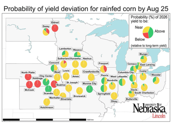 Most rainfed locations in the Midwest have favorable prospects for near- to above-average corn yields, according to the Aug. 25, 2026, production of the University of Nebraska-Lincoln Hybrid-Maize crop model. (University of Nebraska-Lincoln graphic)