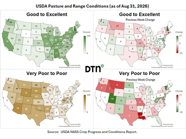 Summer heat and lack of rainfall have affected the overall pasture conditions in most beef states. (DTN Map)
