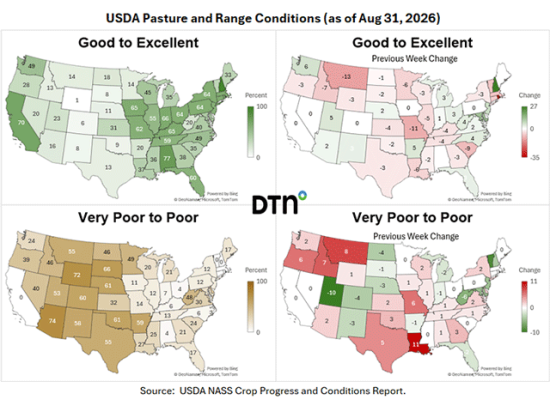 Summer heat and lack of rainfall have affected the overall pasture conditions in most beef states. (DTN Map)