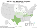 This map shows corn harvest progress by state as of Sunday, Sept. 13, according to USDA NASS. (DTN map by Nick Scalise)