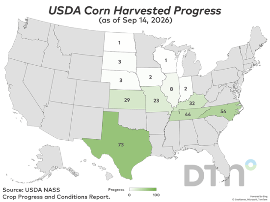 This map shows corn harvest progress by state as of Sunday, Sept. 13, according to USDA NASS. (DTN map by Nick Scalise)
