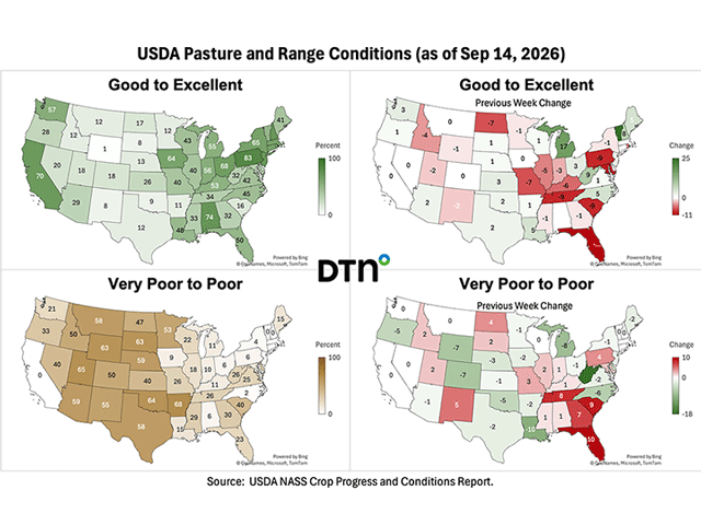 Pasture and range conditions improved over most of the major beef cow states last week. (DTN map by Nick Scalise)