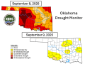 The U.S. Drought Monitor for Oklahoma shows a dramatic year to year change, from just 25% in some form of dryness in September 2025 to 100% of the state affected by drought in September 2026. (National Drought Mitigation Center graphic)