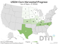 This map shows corn harvest progress by state as of Sunday, Sept. 20, according to USDA NASS. Nationwide, 13% of the crop was harvested, slightly ahead of both last year's pace and the five-year average. (USDA NASS data; DTN graphic by Kathy Myers)