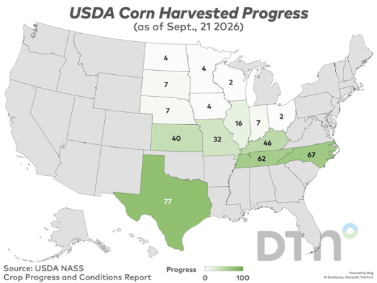 This map shows corn harvest progress by state as of Sunday, Sept. 20, according to USDA NASS. Nationwide, 13% of the crop was harvested, slightly ahead of both last year's pace and the five-year average. (USDA NASS data; DTN graphic by Kathy Myers)
