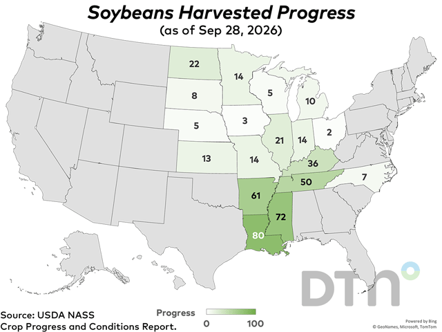 This map shows soybean harvest progress by state for the week ending Sunday, Sept. 27, according to USDA NASS. Nationwide, 17% of the crop was harvested, equal to the five-year average. (USDA NASS data; DTN graphic by Kathy Myers)