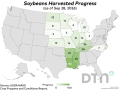 This map shows soybean harvest progress by state for the week ending Sunday, Sept. 27, according to USDA NASS. Nationwide, 17% of the crop was harvested, equal to the five-year average. (USDA NASS data; DTN graphic by Kathy Myers)