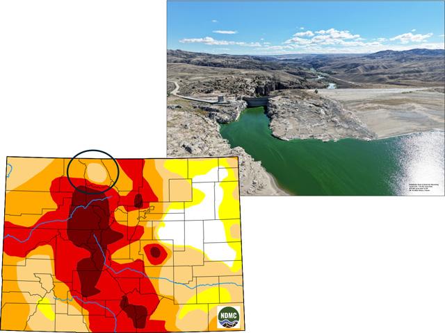 The Pathfinder Reservoir on the North Platte River in Wyoming is less than 20% full this fall season. Meanwhile, drought covers the entire North Platte headwater area in north-central Colorado. (Photo courtesy of University of Nebraska Extension Educator Gary Stone; National Drought Mitigation Center graphic)