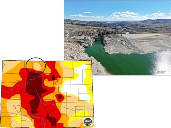 The Pathfinder Reservoir on the North Platte River in Wyoming is less than 20% full this fall season. Meanwhile, drought covers the entire North Platte headwater area in north-central Colorado. (Photo courtesy of University of Nebraska Extension Educator Gary Stone; National Drought Mitigation Center graphic)