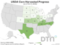 This map shows corn harvest progress by state for the week ended Sunday, Oct. 4, according to USDA NASS. Nationwide, 23% of the crop was harvested, 4 percentage points behind the five-year average. (USDA NASS data; DTN graphic by Kathy Myers)